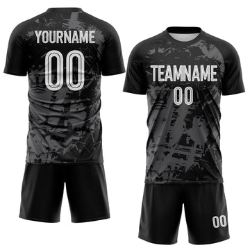 Custom Black White-Steel Gray Brush Stroke Splatter Sublimation Soccer Uniform Jersey
