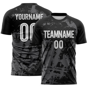 Custom Black White-Steel Gray Brush Stroke Splatter Sublimation Soccer Uniform Jersey