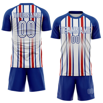 Custom Royal White-Red Vertical Stripe England Style Sublimation Soccer Uniform Jersey