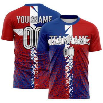 Custom Royal White Red-Black Distressed Splatter England Style Sublimation Soccer Uniform Jersey