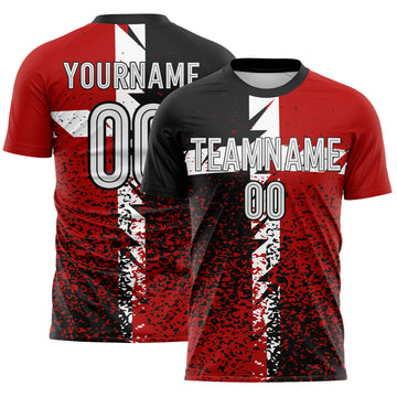 Custom Black White-Red Distressed Splatter Sublimation Soccer Uniform Jersey