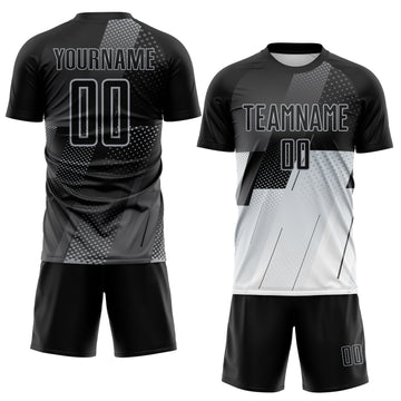 Custom Black Gray-White Geometric Diagonal Block Halftone Grid Sublimation Soccer Uniform Jersey
