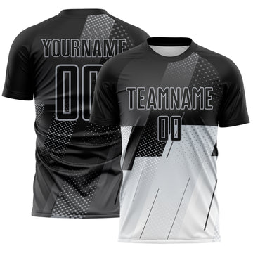 Custom Black Gray-White Geometric Diagonal Block Halftone Grid Sublimation Soccer Uniform Jersey