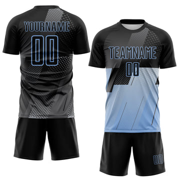Custom Black Gray-Light Blue Geometric Diagonal Block Halftone Grid Sublimation Soccer Uniform Jersey