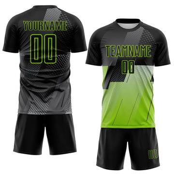 Custom Black Gray-Neon Green Geometric Diagonal Block Halftone Grid Sublimation Soccer Uniform Jersey