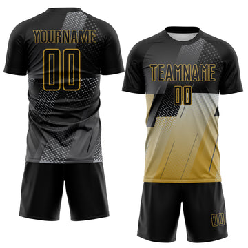 Custom Black Gray-Old Gold Geometric Diagonal Block Halftone Grid Sublimation Soccer Uniform Jersey