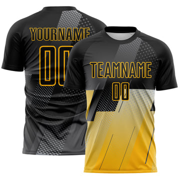 Custom Black Gray-Gold Geometric Diagonal Block Halftone Grid Sublimation Soccer Uniform Jersey