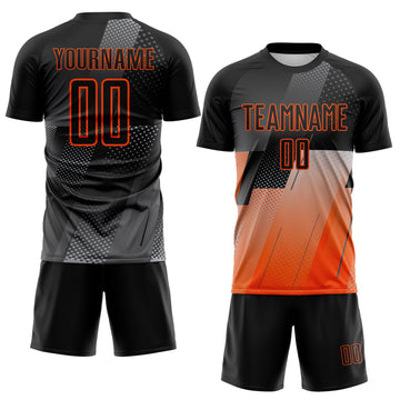 Custom Black Gray-Orange Geometric Diagonal Block Halftone Grid Sublimation Soccer Uniform Jersey