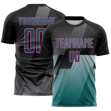 Custom Black Teal Gray-Pink Geometric Diagonal Block Halftone Grid Sublimation Soccer Uniform Jersey