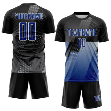 Custom Black Royal Gray-White Geometric Diagonal Block Halftone Grid Sublimation Soccer Uniform Jersey