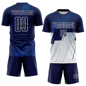 Custom Navy Blue-White Geometric Diagonal Block Halftone Grid Sublimation Soccer Uniform Jersey