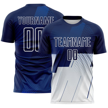 Custom Navy Blue-White Geometric Diagonal Block Halftone Grid Sublimation Soccer Uniform Jersey