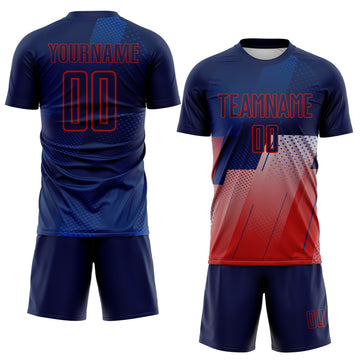 Custom Navy Blue-Red Geometric Diagonal Block Halftone Grid Sublimation Soccer Uniform Jersey