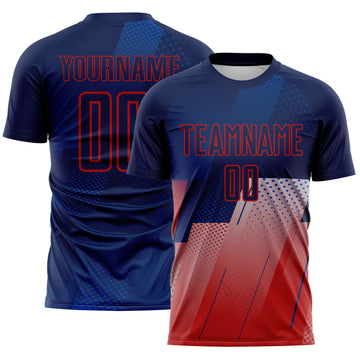 Custom Navy Blue-Red Geometric Diagonal Block Halftone Grid Sublimation Soccer Uniform Jersey