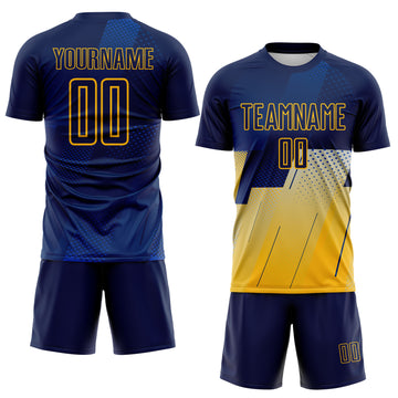 Custom Navy Blue-Gold Geometric Diagonal Block Halftone Grid Sublimation Soccer Uniform Jersey