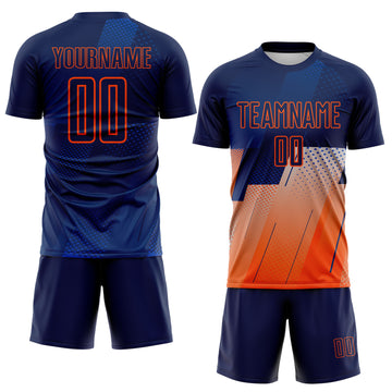 Custom Navy Blue-Orange Geometric Diagonal Block Halftone Grid Sublimation Soccer Uniform Jersey