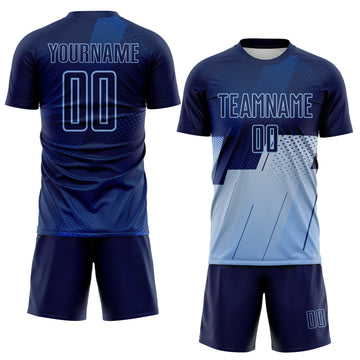 Custom Navy Blue-Light Blue Geometric Diagonal Block Halftone Grid Sublimation Soccer Uniform Jersey