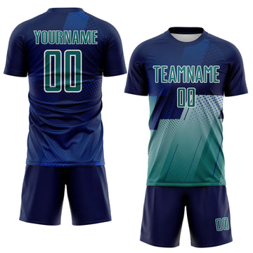 Custom Navy Teal Blue-White Geometric Diagonal Block Halftone Grid Sublimation Soccer Uniform Jersey