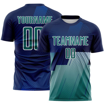 Custom Navy Teal Blue-White Geometric Diagonal Block Halftone Grid Sublimation Soccer Uniform Jersey