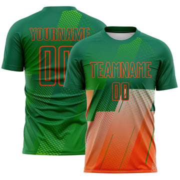 Custom Kelly Green-Orange Geometric Diagonal Block Halftone Grid Sublimation Soccer Uniform Jersey