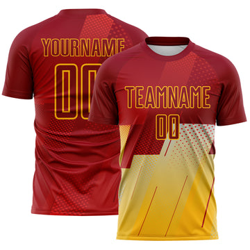 Custom Red-Gold Geometric Diagonal Block Halftone Grid Sublimation Soccer Uniform Jersey
