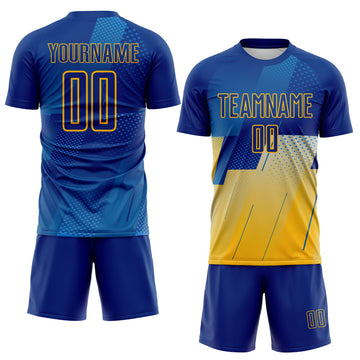 Custom Royal Blue-Gold Geometric Diagonal Block Halftone Grid Sublimation Soccer Uniform Jersey