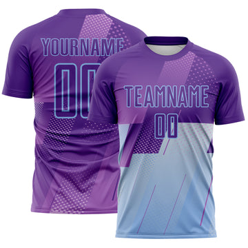 Custom Purple-Light Blue Geometric Diagonal Block Halftone Grid Sublimation Soccer Uniform Jersey