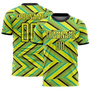 Custom Neon Yellow Black-Aqua Geometric Chevron Halftone Dot Australia Style Sublimation Soccer Uniform Jersey