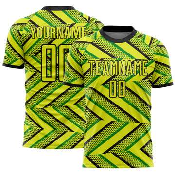 Custom Neon Yellow Black-Green Geometric Chevron Halftone Dot Australia Style Sublimation Soccer Uniform Jersey