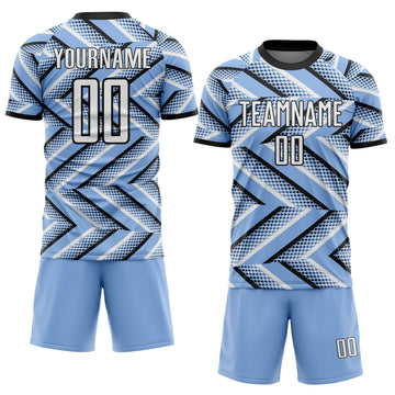Custom Light Blue White-Black Geometric Chevron Halftone Dot Sublimation Soccer Uniform Jersey