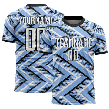 Custom Light Blue White-Black Geometric Chevron Halftone Dot Sublimation Soccer Uniform Jersey