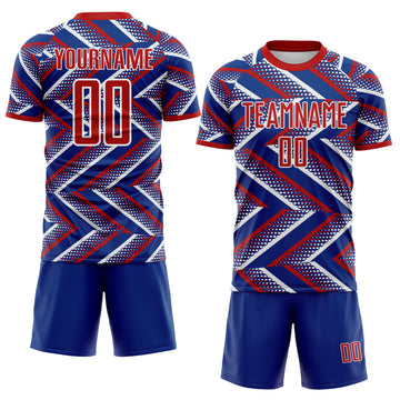 Custom Royal Red-White Geometric Chevron Halftone Dot Sublimation Soccer Uniform Jersey