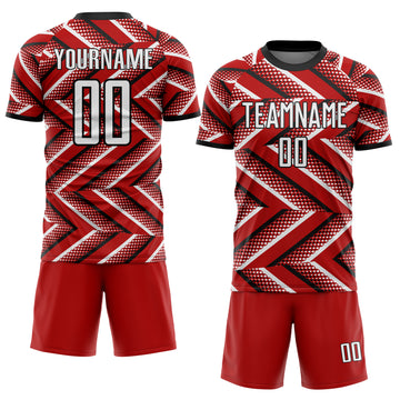 Custom Red White-Black Geometric Chevron Halftone Dot Sublimation Soccer Uniform Jersey