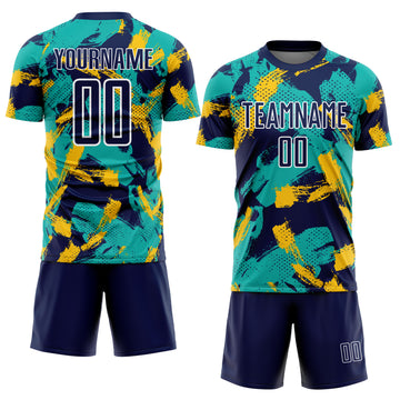 Custom Navy Aqua Yellow-White Brush Stroke Splatter Australia Style Sublimation Soccer Uniform Jersey