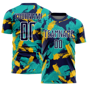 Custom Navy Aqua Yellow-White Brush Stroke Splatter Australia Style Sublimation Soccer Uniform Jersey