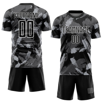 Custom Black Gray-White Brush Stroke Splatter Sublimation Soccer Uniform Jersey