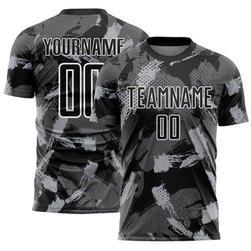 Custom Black Gray-White Brush Stroke Splatter Sublimation Soccer Uniform Jersey