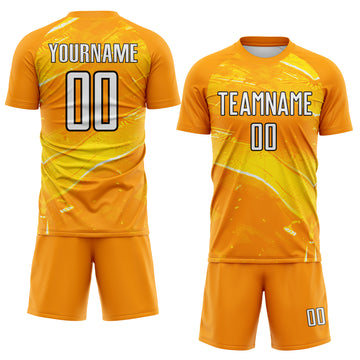Custom Orange White Yellow-Black Flowing Wave Sublimation Soccer Uniform Jersey