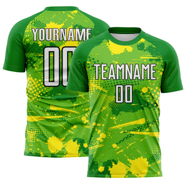 Custom Green White Light Yellow-Black Paint Splatter Halftone Dot Australia Style Sublimation Soccer Uniform Jersey