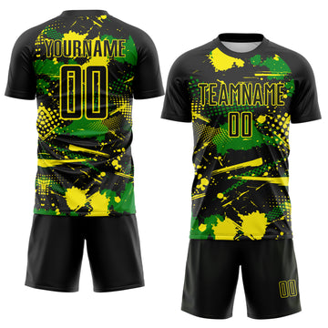 Custom Black Light Yellow-Grass Green Paint Splatter Halftone Dot Sublimation Soccer Uniform Jersey