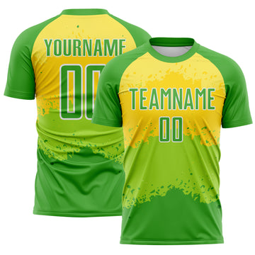 Custom Neon Green Light Yellow-White Watercolor Gradient Splatter Australia Style Sublimation Soccer Uniform Jersey