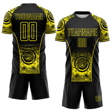 Custom Black-Light Yellow Australia Kangaroo Aboriginal Dot Art Sublimation Soccer Uniform Jersey