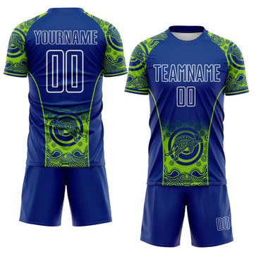 Custom Royal Neon Green-White Australia Kangaroo Aboriginal Dot Art Australia Kangaroo Sublimation Soccer Uniform Jersey