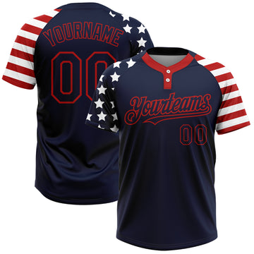Custom Navy Red-White 3D American Flag Fashion Two-Button Unisex Softball Jersey