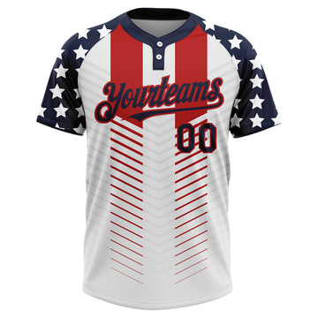 Custom White Navy-Red 3D American Flag Fashion Two-Button Unisex Softball Jersey