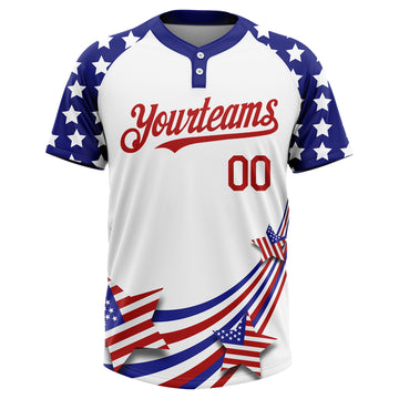 Custom White Red-Navy 3D American Flag Fashion Two-Button Unisex Softball Jersey