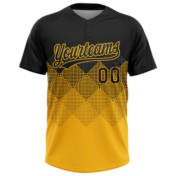 Custom Black Gold 3D Pattern Gradient Square Shapes Two-Button Unisex Softball Jersey