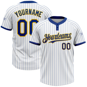 Custom White Royal Pinstripe Yellow Two-Button Unisex Softball Jersey