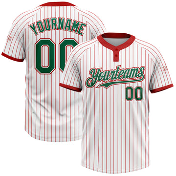 Custom White Red Pinstripe Kelly Green Two-Button Unisex Softball Jersey