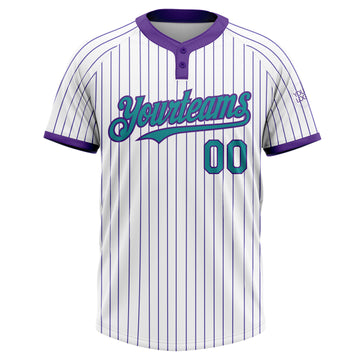 Custom White Purple Pinstripe Teal Two-Button Unisex Softball Jersey